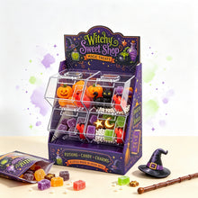 4-Bin Halloween Candy Dispenser with Scoops – Witchy Candy Display Stand for Parties, Candy Buffets & Trick-or-Treat Stations