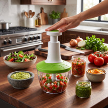 Manual Food Chopper and Mixer, Hand Press Vegetable Chopper with 3-Blade Cutter and Mixing Attachment, Compact Onion Garlic Herb Tomato Chopper, Clear Container Salsa Maker and Manual Food Processor for Kitchen, No Electricity Required