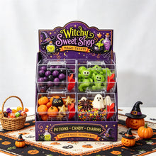 4-Bin Halloween Candy Dispenser with Scoops – Witchy Candy Display Stand for Parties, Candy Buffets & Trick-or-Treat Stations