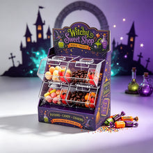 4-Bin Halloween Candy Dispenser with Scoops – Witchy Candy Display Stand for Parties, Candy Buffets & Trick-or-Treat Stations
