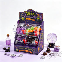 4-Bin Halloween Candy Dispenser with Scoops – Witchy Candy Display Stand for Parties, Candy Buffets & Trick-or-Treat Stations